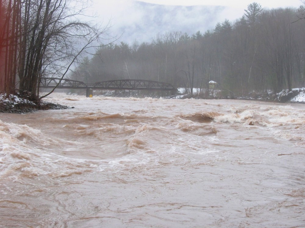 looking downstream from D E C Drop on the Esopus Creek, towards the Woodland Valley bridge and railroad rapids