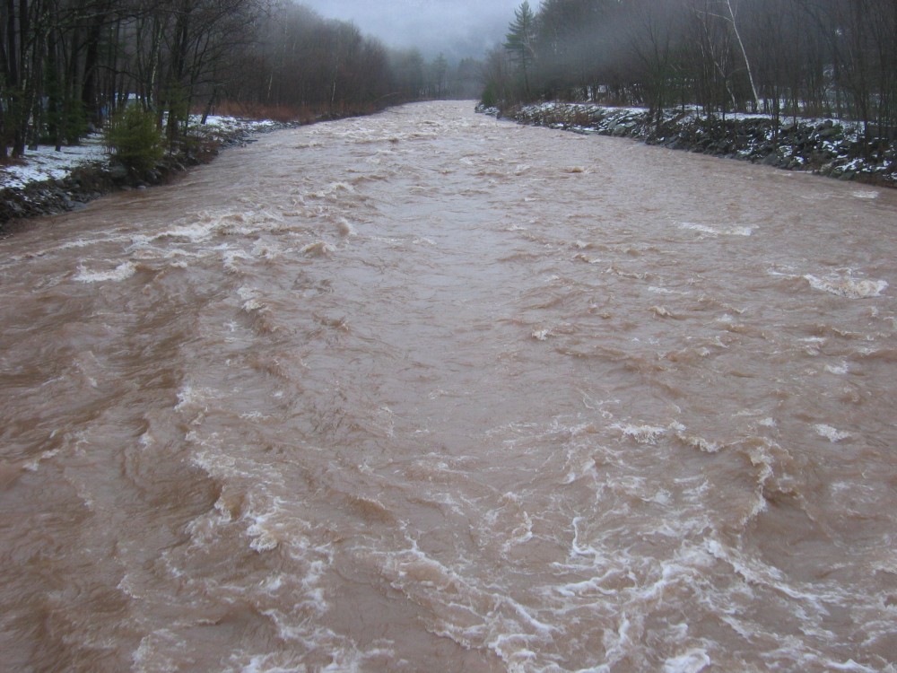 looking downstream at Railroad rapids from the Woodland Valley bridge on the Esopus Creek.  